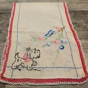 Vintage Embroidered Scottish Terrier Dog Table Runner w/ Crochet Border Puppy